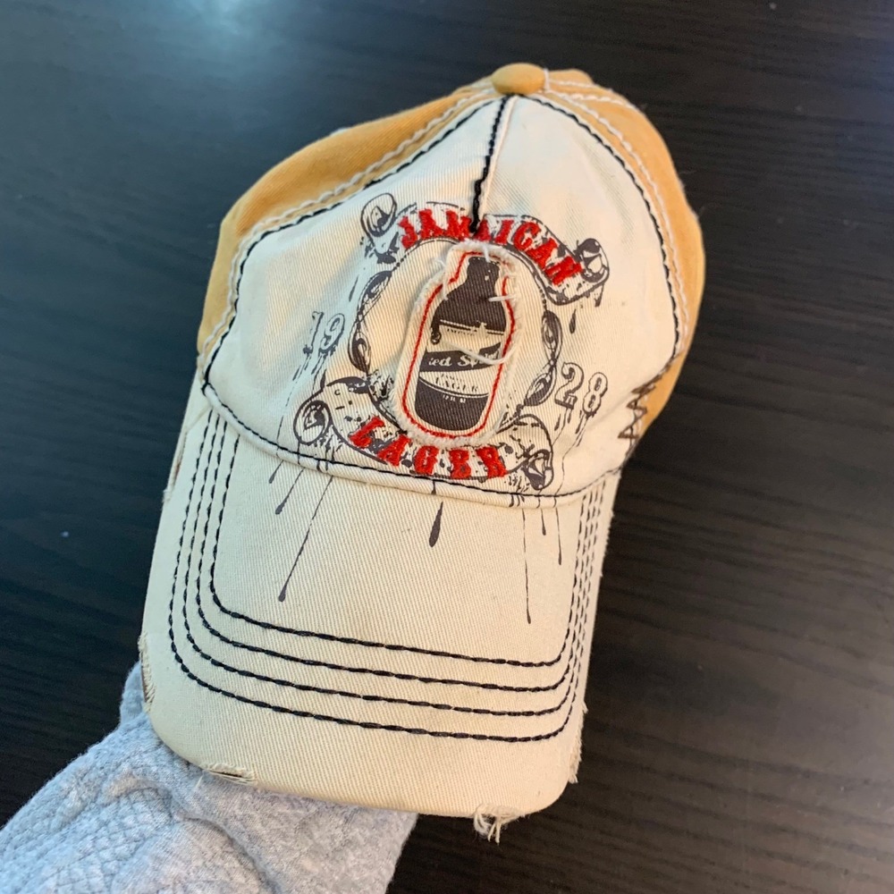 Red Stripe Jamaican Lager Distressed Baseball Hat Cream Yellow Cotton Adj Cap
